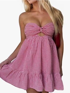 Strapless Mini Dress Twist Knot Front Cut Out Babydoll Dress RED GINGHAM M